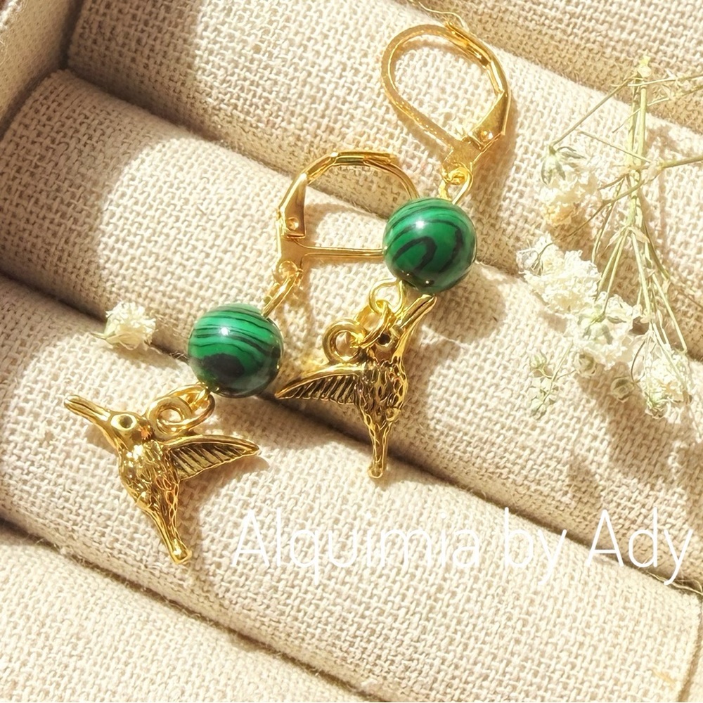 Malachite Dainty Gold Earrings — Green Stone Charm Drop